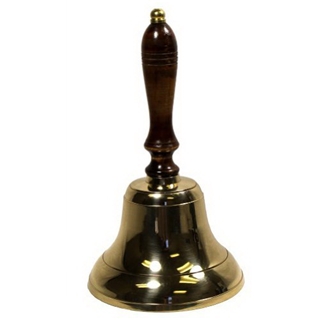 10" Hand Held Maritime Bell with Polished Brass Finish and Wooden Handle