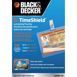 BLACK + DECKER TimeShield Thermal Laminating Pouches, ID Badge with Clips, 5 mil - 100 Pack (LAMID5-100)