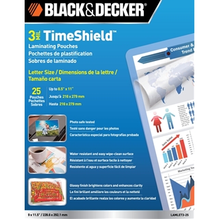 BLACK + DECKER TimeShield Thermal Laminating Pouches, Letter, 3 mil - 25 Pack (LAMLET3-25)