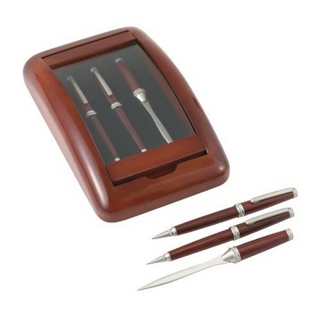 Alex Navarra 3pc Pen, pencil and Letter Opener in a Wood and Glass Case