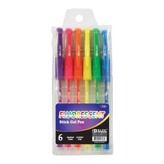 BAZIC Fluorescent Gel Ink Pen with Cushion Grip, Assorted, 6 Per Packx