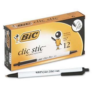 Bic Clic Stic Retractable Ball Pen, Medium Point (1.0 mm), Black, 12 Pens