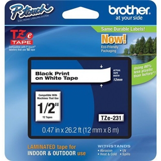 Brother 1/2" Laminated Black on White Tape (1 / Package) (26.2 Ft.)For use in TZ P-Touch: All TZ Machines