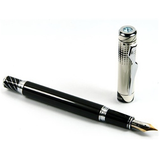 Luxury Blue Crystal Cap, Silver Carved Ring Black Fountain Pen Nib M 18kgp with Push in Style Ink Conv