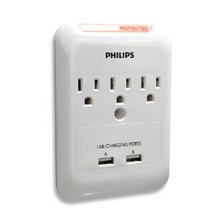 Philips SPP3038B/17 Home Electronics 3 Outlet Surge Protector for Android and Smartphone Devices