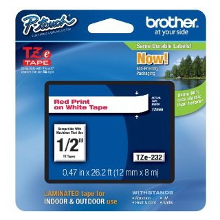 Brother TZe232 Laminated Tape Red on White, 12mm
