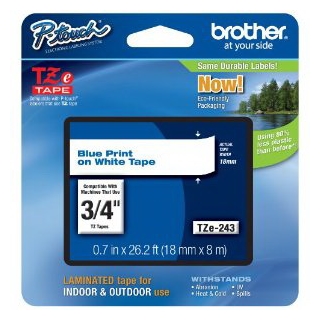 Brother TZe243 Tape, Blue on White, 3/4 Inch