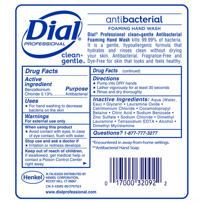 Dial® 1700 Refill Clean+ Foaming Hand Wash, Fragrance-free (DIA32094) NEW