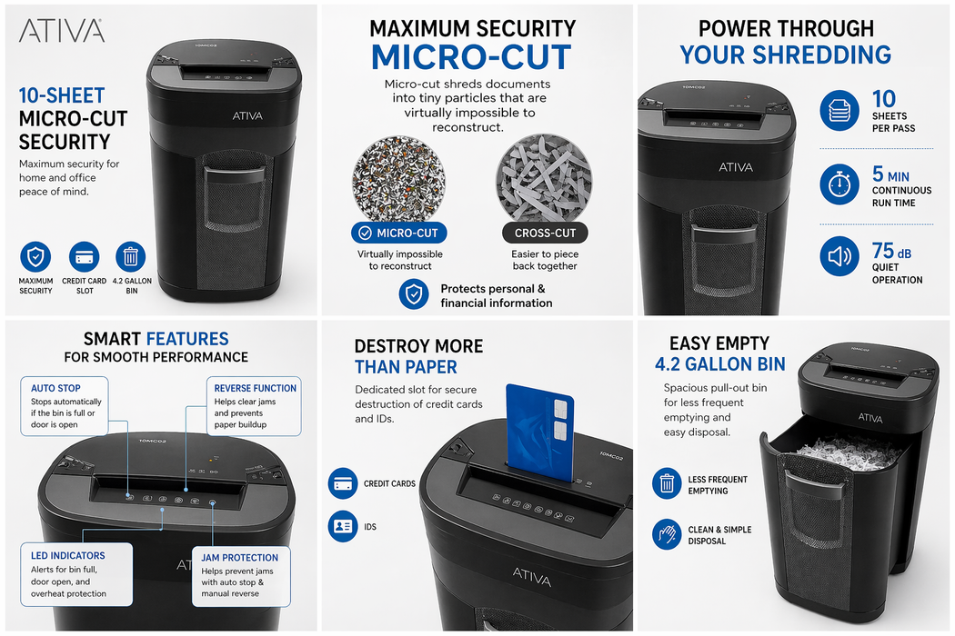 Ativa Maximum Security 10 Sheet Paper Shredder NEW FREE OIL + BAGS