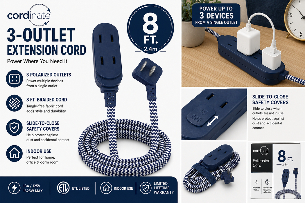 Cordinate Basic 3-Outlet Polarized Extension Cord, 8ft. Braided – Model 50715