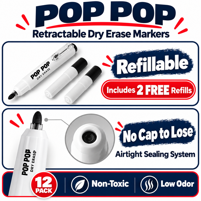 Pop Pop Retractable Dry Erase Markers, Thick Barrel, 12 Count, Black