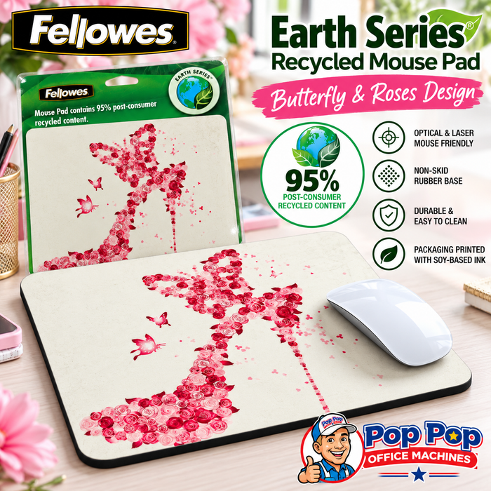 Fellowes Earth Series Recycled Mouse Pad – Pink Butterfly & Roses Floral Design