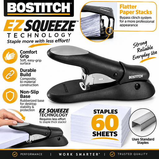 Black Bostitch PHD60 stapler showing comfort grip, durable construction, and non-slip base