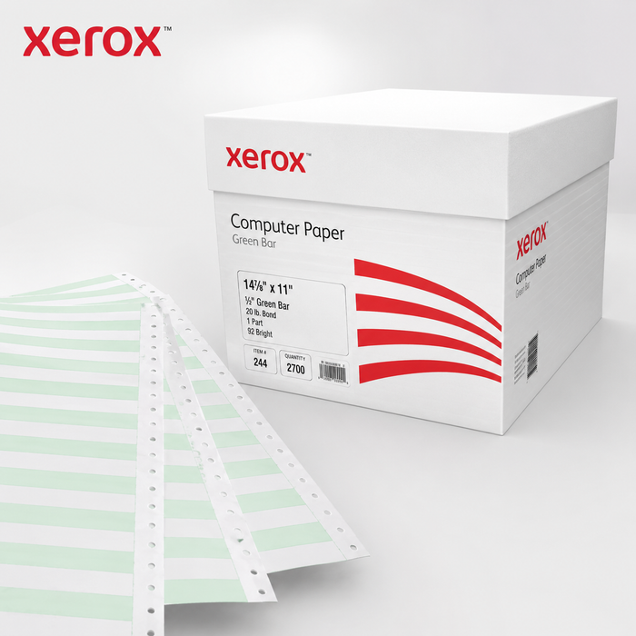 Xerox Continuous Computer Paper, 14-7/8 x 11, 1-Part, 92 Bright, 20 lb, 1/2" Green Bar – 2,700 Sheets/Carton (9113)