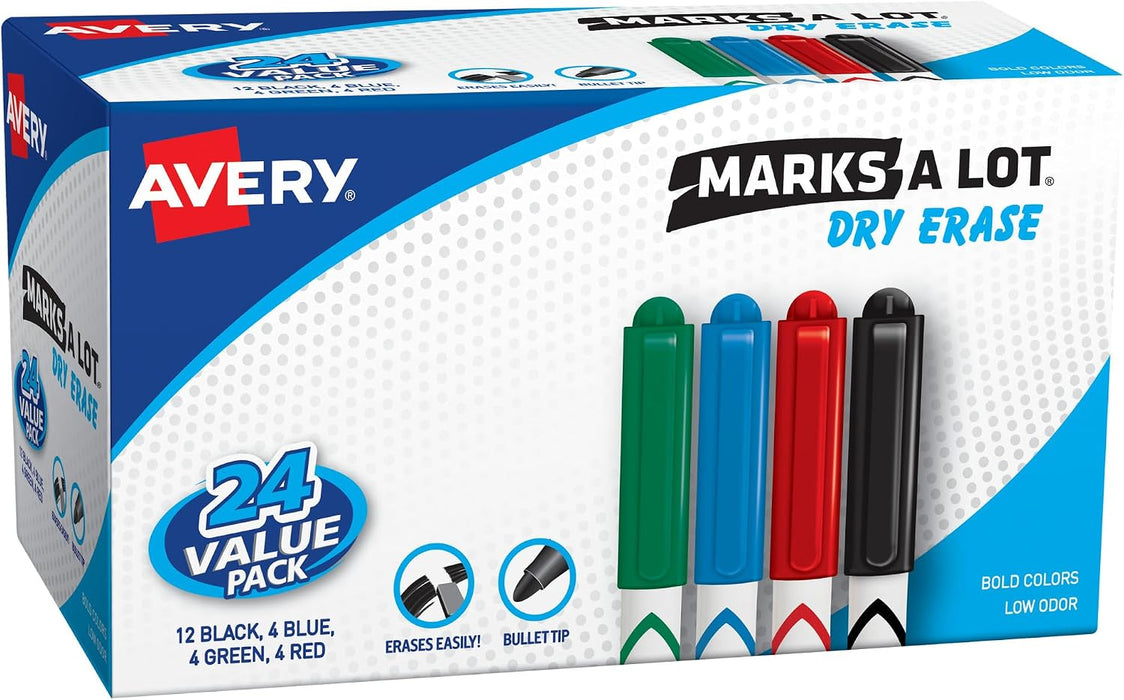 Avery Marks A Lot Value Pack Dry Erase Markers, Bullet Tip, 24 Assorted (29860)