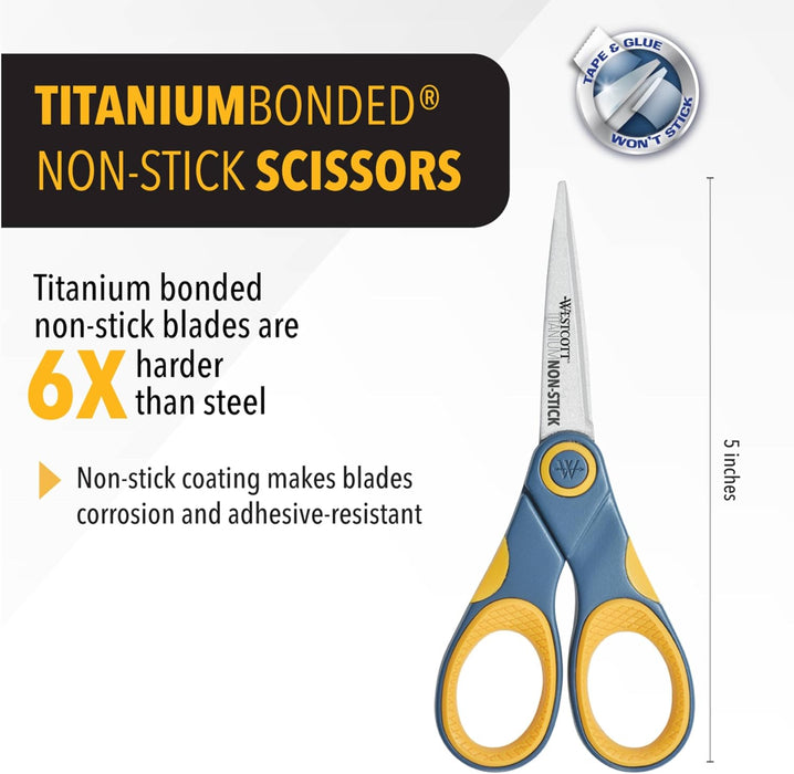 Westcott 5-Inch Non-Stick Titanium Scissors, Glide Adjust Technology, Grey/Yellow, 1 Pack