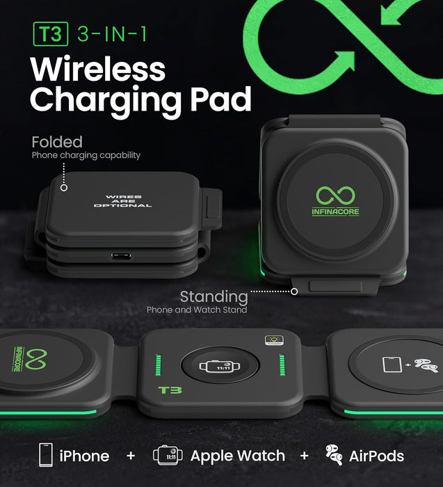 InfinaCore 3-in-1 Charging Station for Apple Devices - Travel Essentials- Magnetic Wireless Travel Charger - Foldable Charging Pad for Magsafe iPhone 16 15 14 13 12 Pro Max/Plus, AirPods & Apple Watch NEW