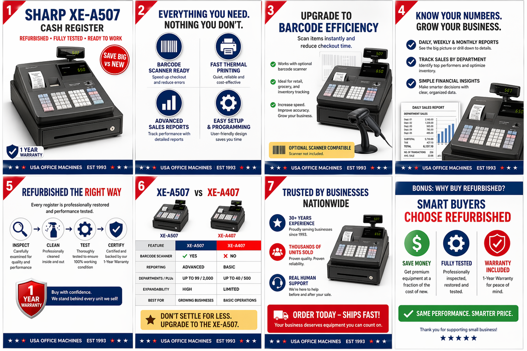 Sharp XE-A507 Cash Register (Refurbished) – 1-Year Warranty | Barcode Scanning Ready