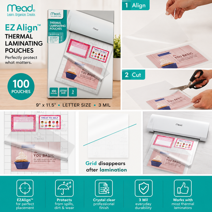 Mead EZAlign Thermal Laminating Pouches, Letter Size (9" x 11.5"), 3 Mil, Clear, 100 Pack