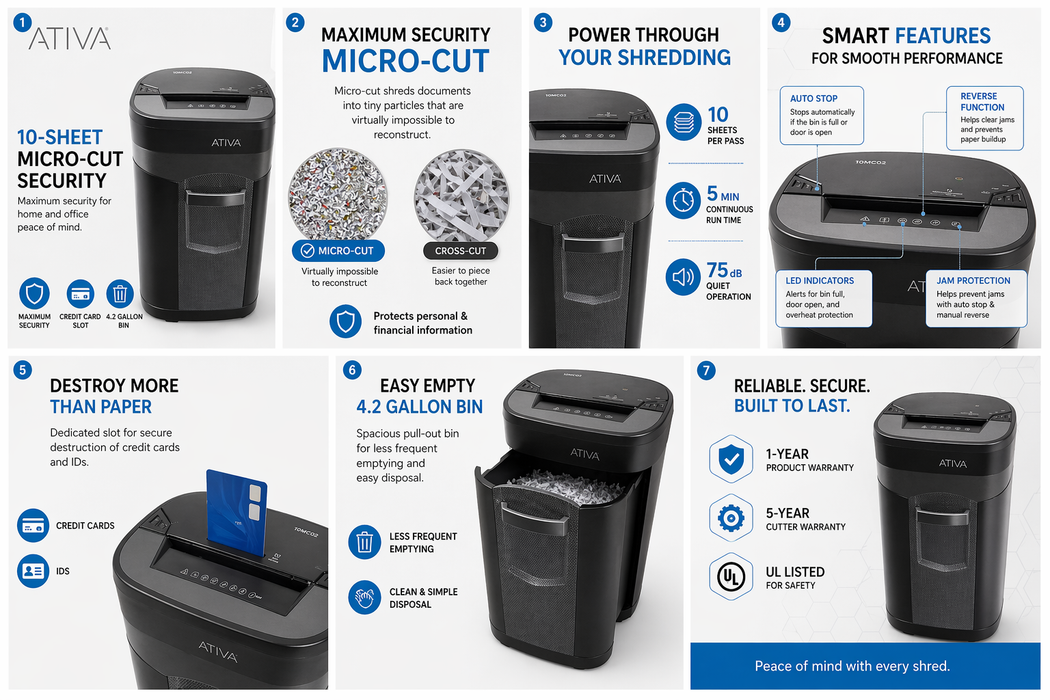 Ativa Maximum Security 10 Sheet Paper Shredder NEW FREE OIL + BAGS