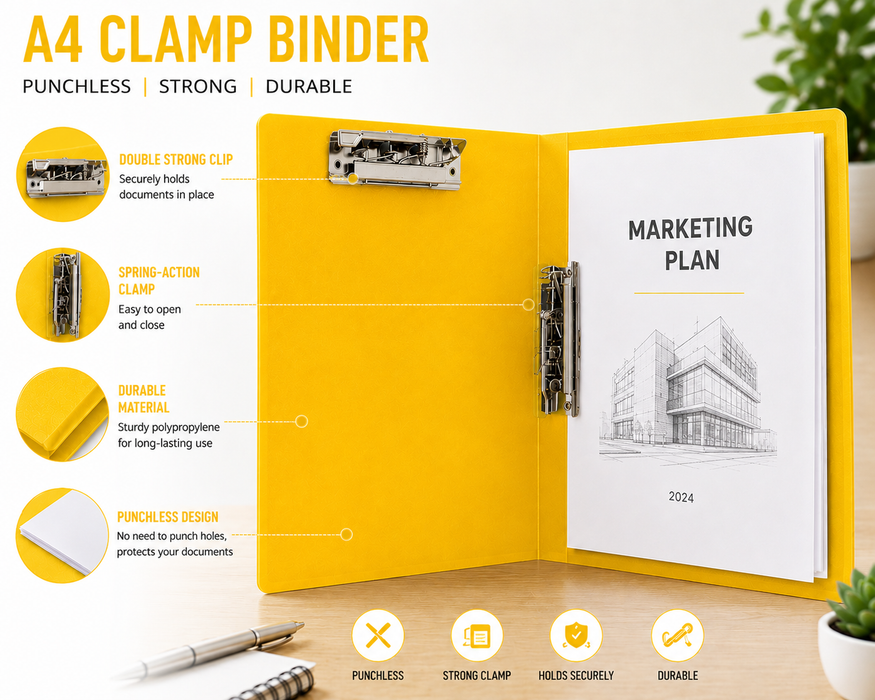 A4 Clamp Binder File Folder – Yellow | Double Strong Clip | Punchless Spring-Action Report Cover