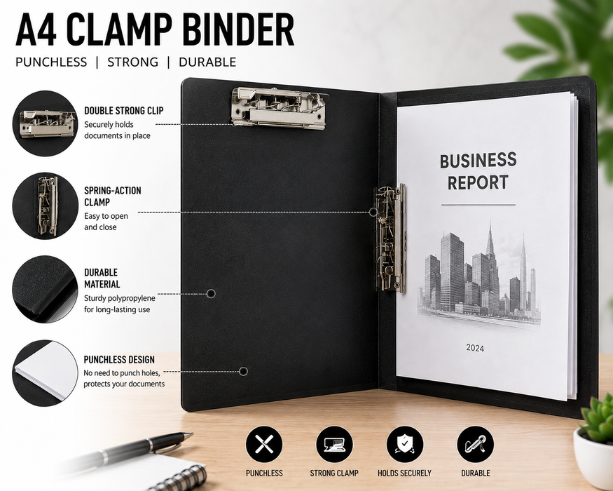 A4 Clamp Binder File Folder – Black | Double Strong Clip | Punchless Spring-Action Report Cover