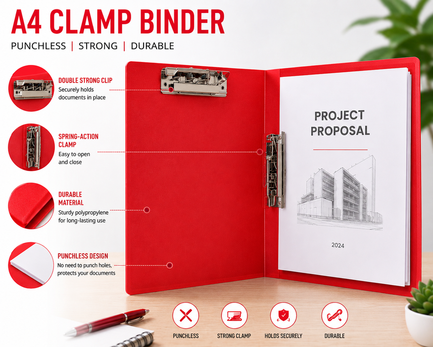 A4 Clamp Binder File Folder – Red | Double Strong Clip | Punchless Spring-Action Report Cover