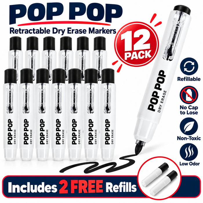 Pop Pop Retractable Dry Erase Markers, Thick Barrel, 12 Count, Black