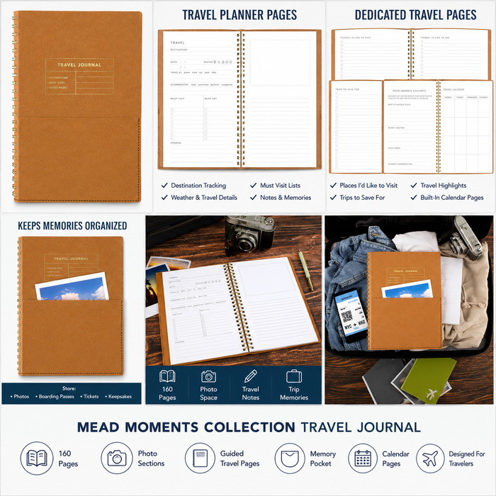 Mead Travel Notebook Journal, 6" x 8", 160 Pages, Flexible Cover, Mead Moments Collection, Beige/Gold (XC0079F)