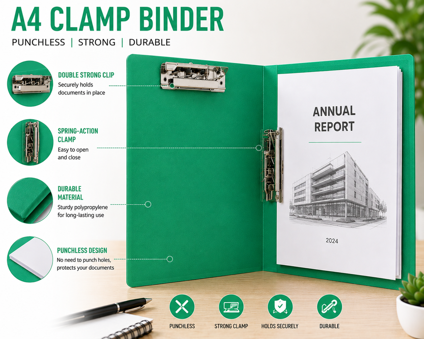 A4 Clamp Binder File Folder – Green | Double Strong Clip | Punchless Spring-Action Report Cover