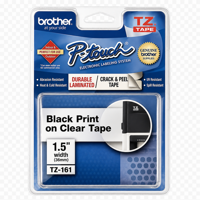 Brother Genuine TZ-161 Black on Clear Laminated Tape