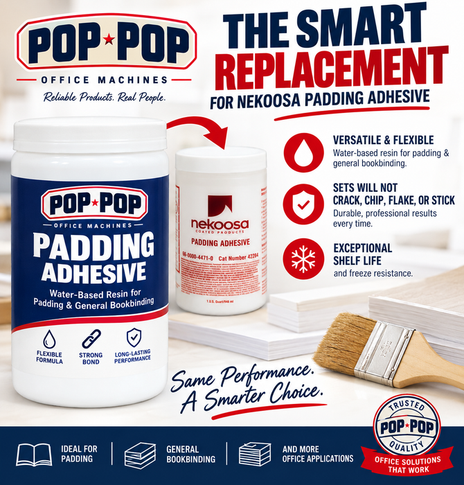 Pop Pop Office Machines Padding Adhesive — the smart replacement for Nekoosa Padding Adhesive, showing the Pop Pop jug alongside a Nekoosa bottle