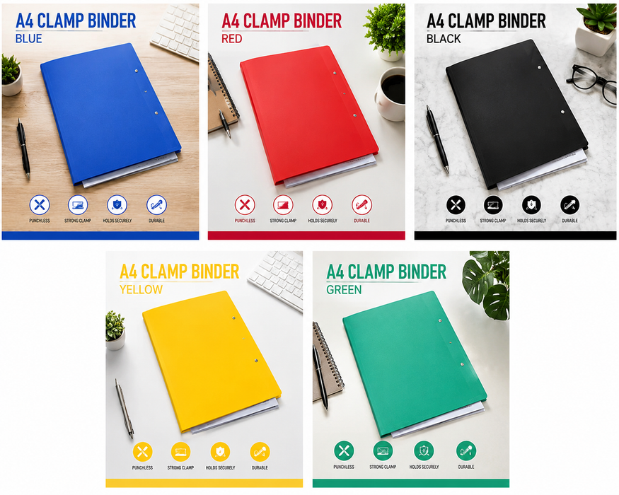 A4 Clamp Binder File Folder – Blue | Double Strong Clip | Punchless Spring-Action Report Cover