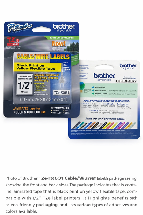 Brother Ptouch TZe-FX631 GENUINE BROTHER cable/wire flex tape 1/2" black on yellow