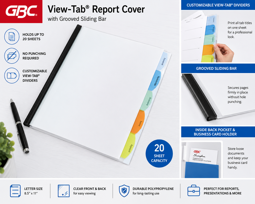 GBC View-Tab Report Cover with Grooved Sliding Bar, Letter Size, Clear, Holds 20 Sheets (GBC55766)