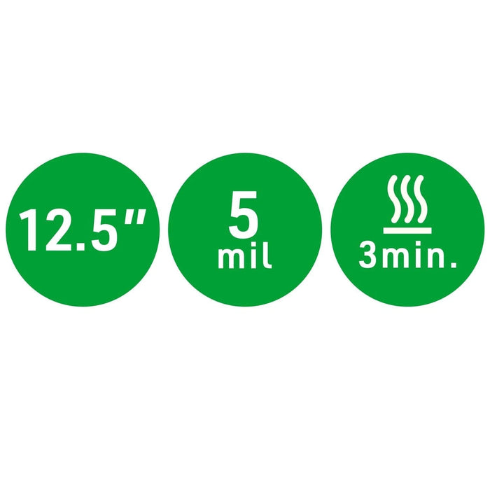 12.5-inch width, 5 mil pouch and 3-minute warm-up graphic