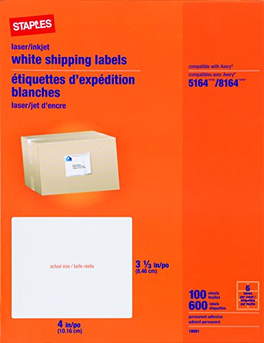 Staples White Inkjet/Laser Shipping Labels, 3 1/3