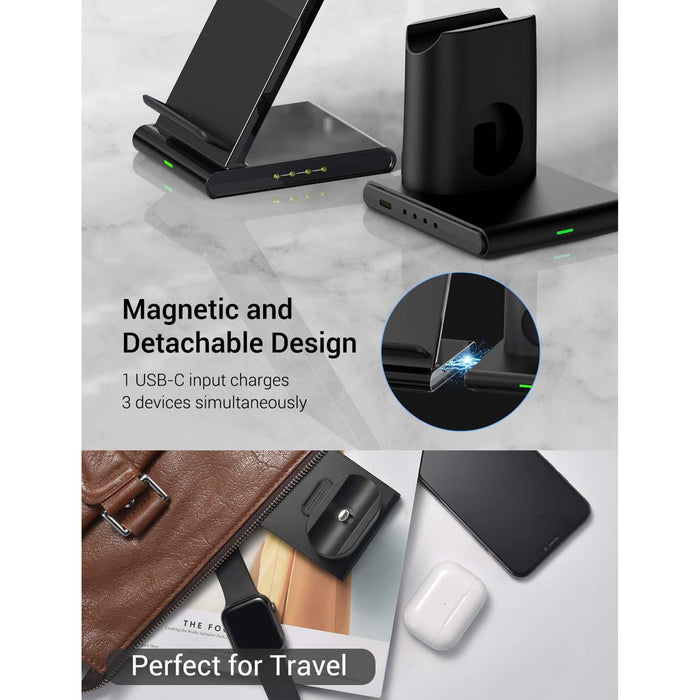 Seneo Wireless Charger, 3 in 1 Wireless Charging Station for Apple Watch, AirPods Pro/2, Detachable and Magnetic Wireless Charging Stand for iPhone 11 Pro Max/X/XS/XR/8Plus(NO QC 3.0 Adapter) Black
