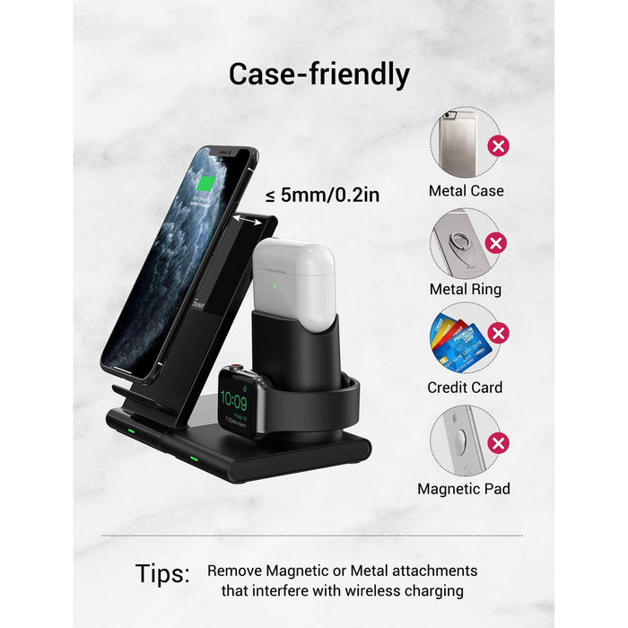 Seneo Wireless Charger, 3 in 1 Wireless Charging Station for Apple Watch, AirPods Pro/2, Detachable and Magnetic Wireless Charging Stand for iPhone 11 Pro Max/X/XS/XR/8Plus(NO QC 3.0 Adapter) Black